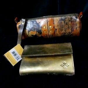 (2) Patricia Nash Woodstock Wallet & Travel Stickers Leather Bellizi Makeup Bag.